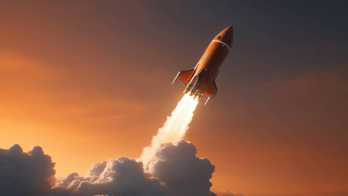 A minimalist abstract representation of a rocket ship breaking through clouds composed of geometric shapes shot from below looking up against a bright orange and black gradient sky high-quality ultra-realistic cinematic 8K UHD high resolution sharp and detail