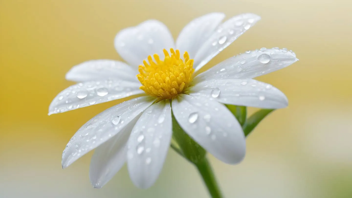 A close-up macro shot of a white flower with morning dew drops captured from a 45-degree angle with a naturally blurred yellow and white background high-quality ultra-realistic cinematic 8K UHD high resolution sharp and detail