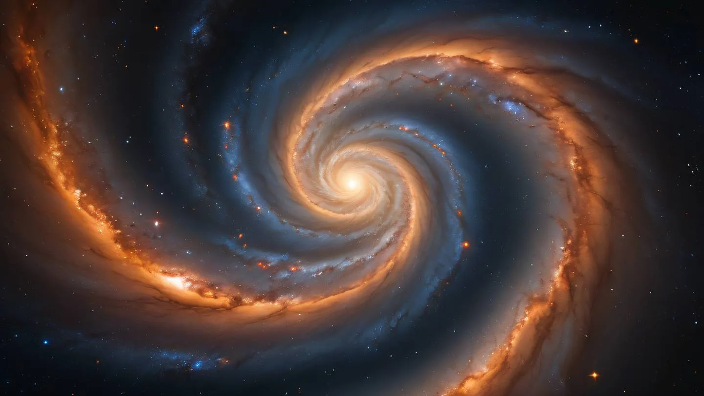 A stunning view of a spiral galaxy in space with bright stars captured straight-on featuring bright orange and black cosmic clouds with streaks of bright light high-quality ultra-realistic cinematic 8K UHD high resolution sharp and detail