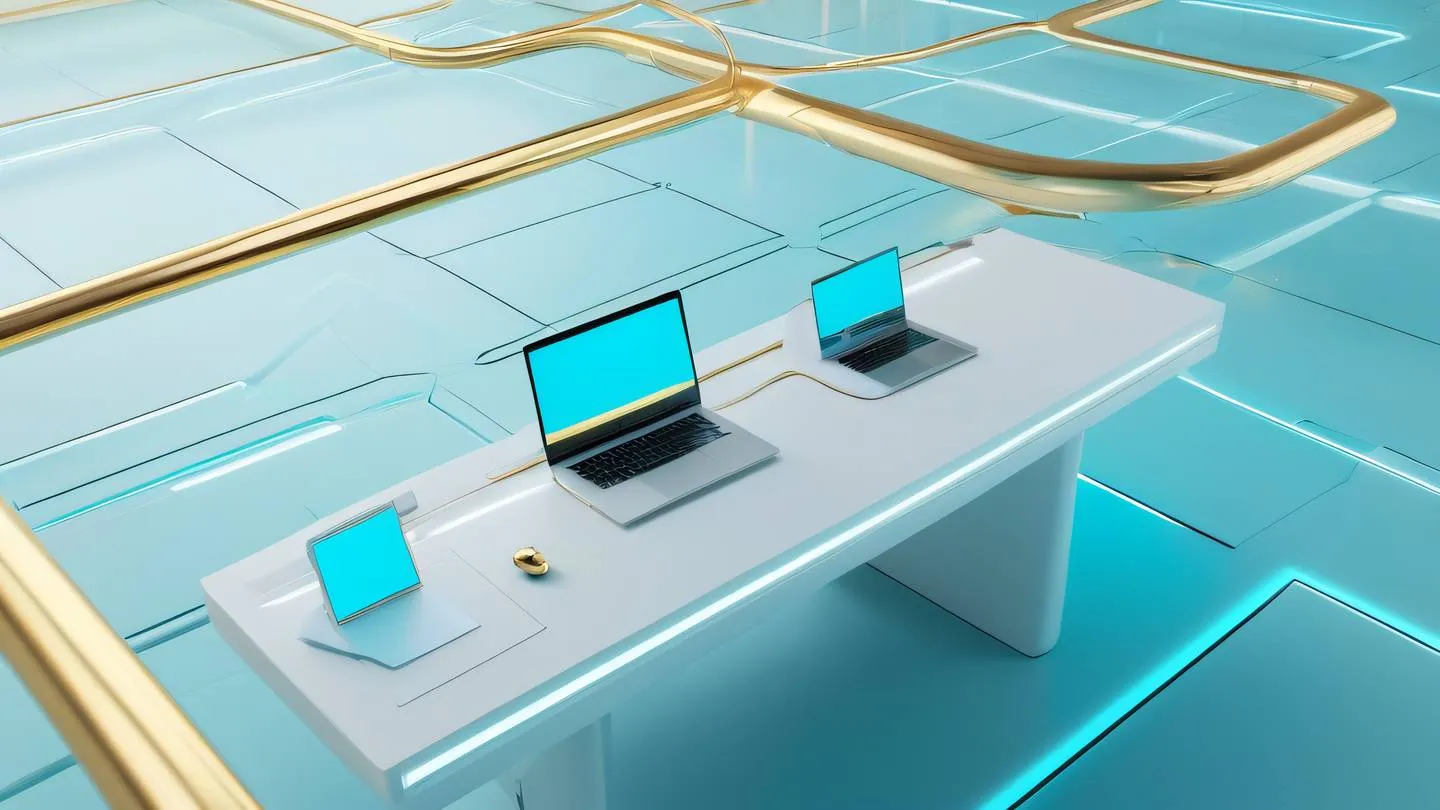 A minimalist futuristic workspace floating in abstract space clean geometric shapes flowing energy lines color palette: bright cyan and soft gold camera angle: wide aerial view with subtle tilt high-quality ultra-realistic cinematic 8K UHD high resolution sharp and detail