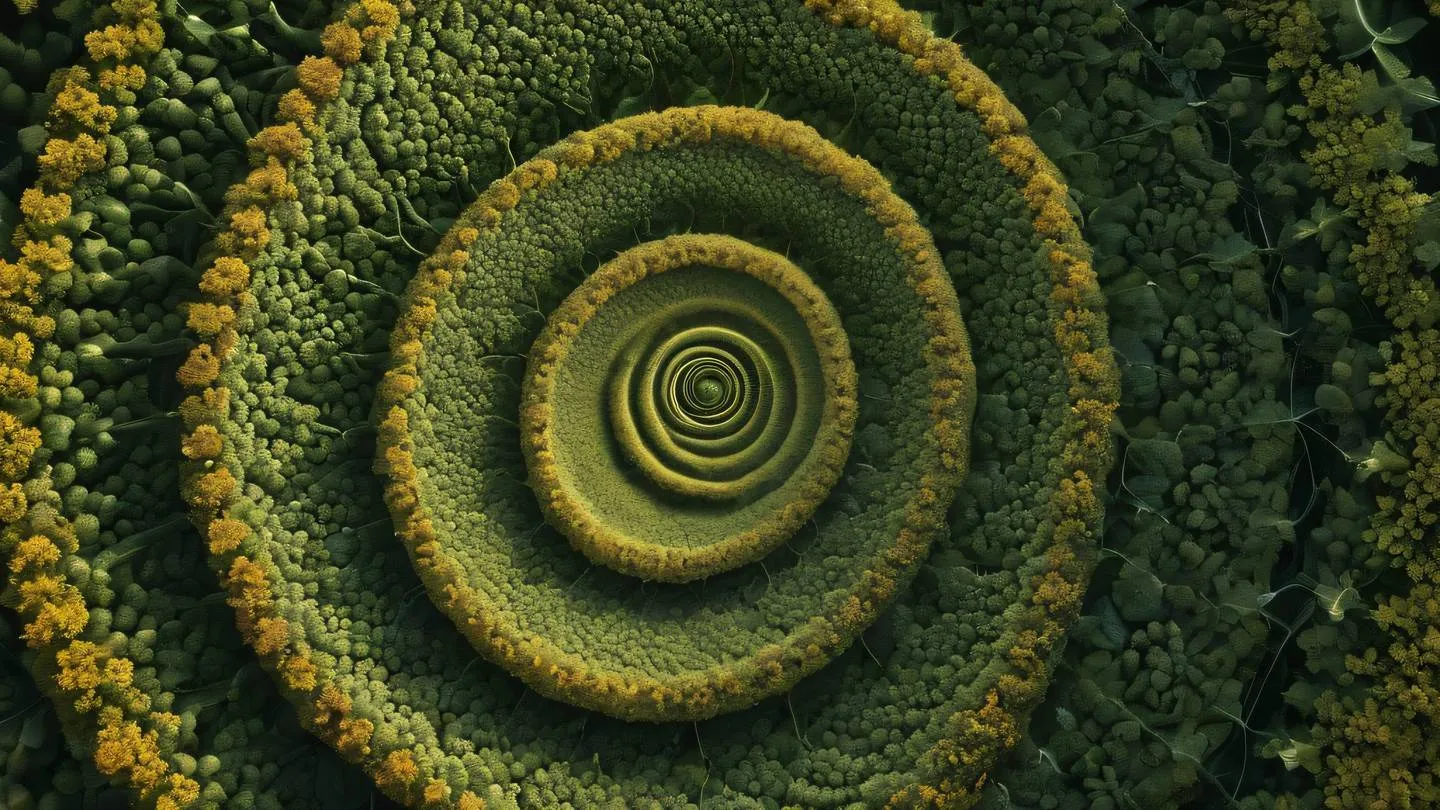 Organic growth patterns in nature fibonacci spiral made of light particles color palette: warm amber and sage green camera angle: top-down perspective with geometric composition high-quality ultra-realistic cinematic 8K UHD high resolution sharp and detail