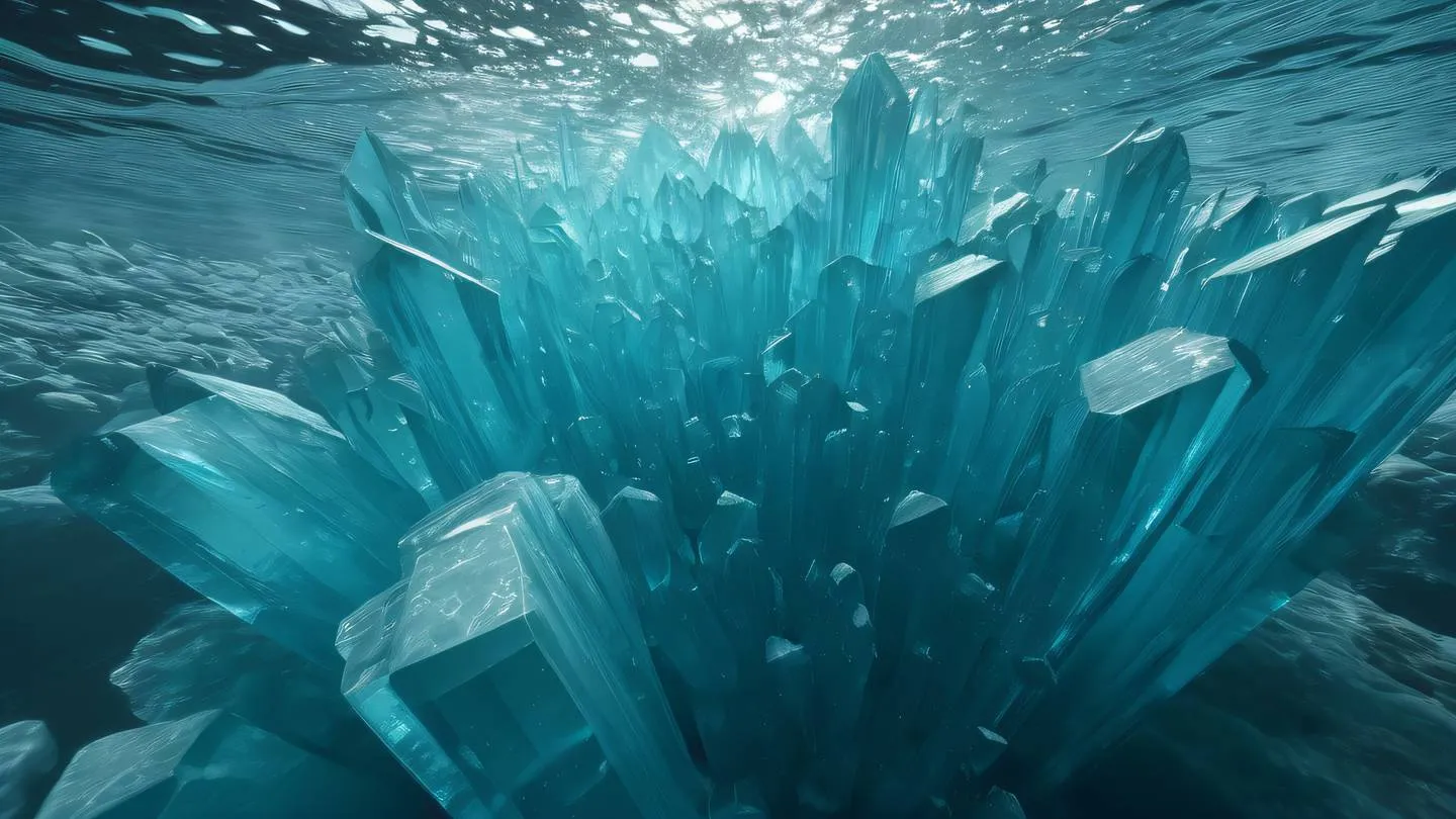 Crystalline geometric structures in natural formation flowing water elements color palette: aqua blue and silver camera angle: low angle perspective with dramatic lighting high-quality ultra-realistic cinematic 8K UHD high resolution sharp and detail