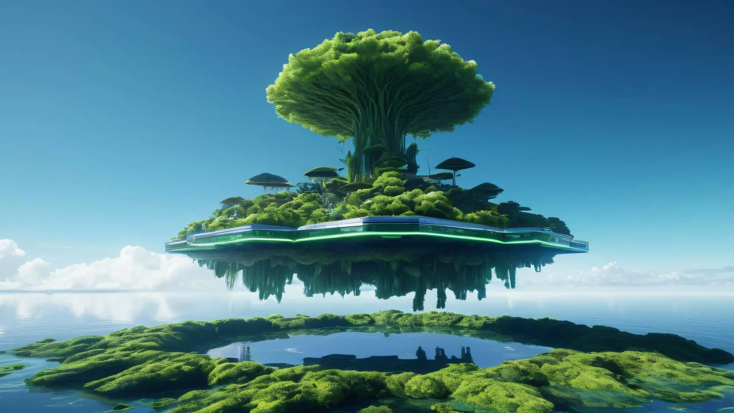 Futuristic floating island in the sky with geometric shapes and interconnected platforms featuring bright seaweed green and navy blue colors sharp edges and crystal structures shot from a low angle perspective high-quality ultra-realistic cinematic 8K UHD high resolution sharp and detail