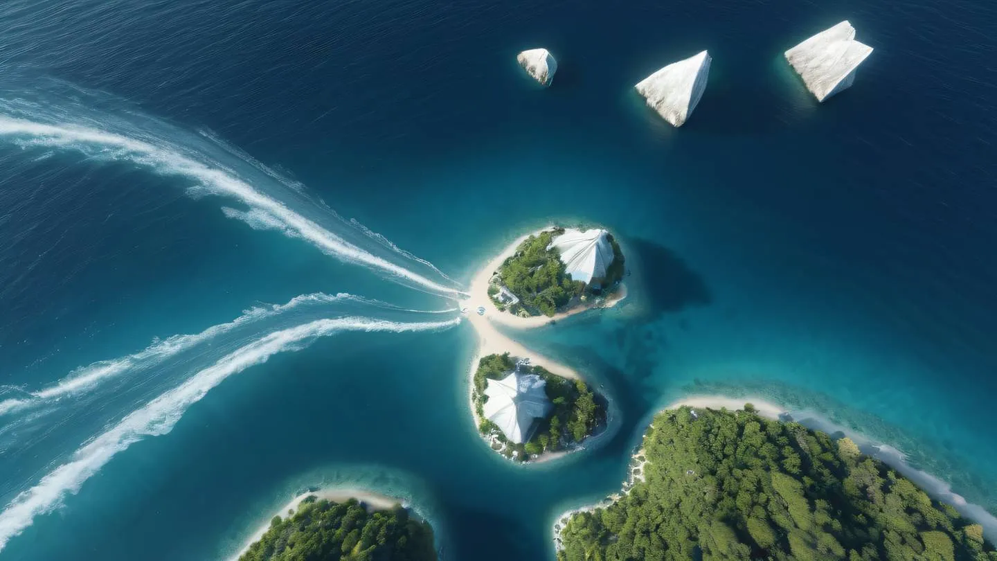 Abstract visualization of floating geometric shapes representing islands connected by flowing light streams dominant colors of white and stone blue captured from bird's eye view high-quality ultra-realistic cinematic 8K UHD high resolution sharp and detail