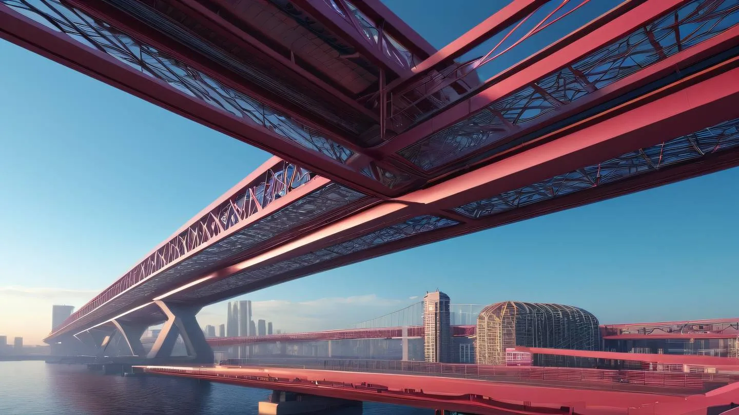 Architectural structure with interconnected platforms and bridges floating in air featuring bright maroon and stone blue gradient geometric patterns photographed from diagonal angle high-quality ultra-realistic cinematic 8K UHD high resolution sharp and detail