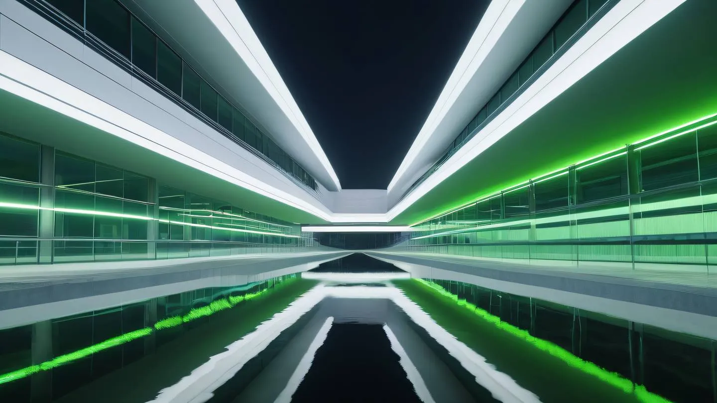 Modern minimalist architectural structure with clean lines and geometric patterns floating above water reflection featuring neon green and white colors shot from a dramatic upward angle high-quality ultra-realistic cinematic 8K UHD high resolution sharp and detail