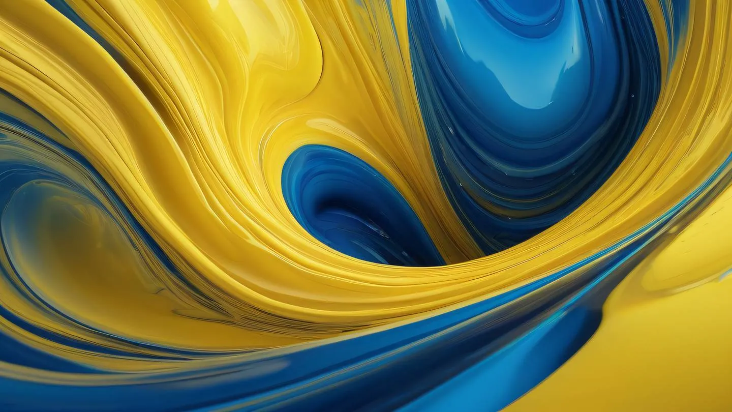 Abstract fluid art representing software architecture flowing forms in sunshine yellow and sapphire blue gradient sharp crystalline structures emerging from smooth curves captured from top-down perspective high-quality ultra-realistic cinematic 8K UHD high resolution sharp and detail