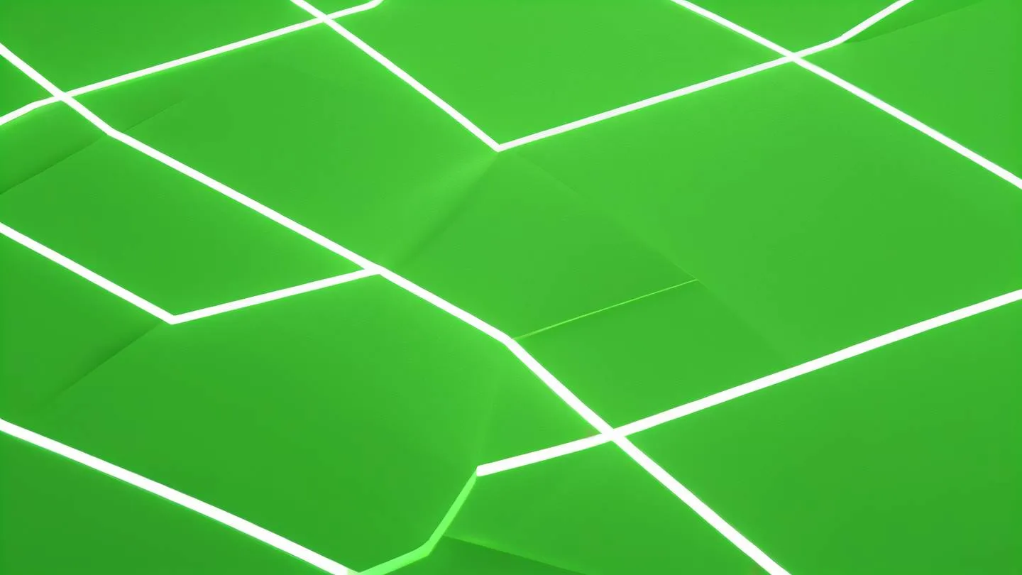 Minimalist geometric composition with interconnected shapes in fluorescent green and bright white flowing lines suggesting connection and modularity photographed from a 45-degree angle high-quality ultra-realistic cinematic 8K UHD high resolution sharp and detail