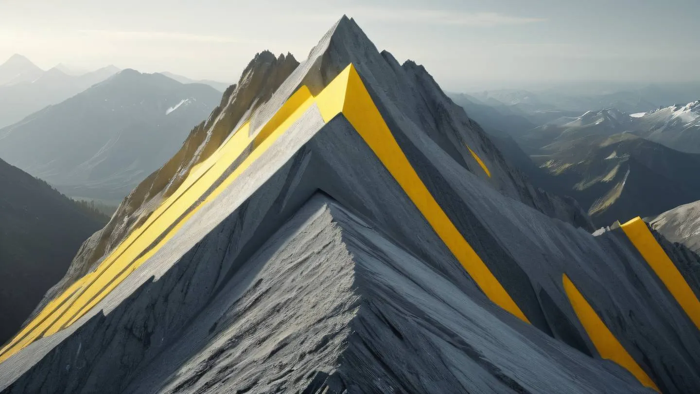 Abstract mountain-inspired composition with layered geometric shapes in minimal modern greys and sunshine yellow accents photographed from an aerial perspective high-quality ultra-realistic cinematic 8K UHD high resolution sharp and detail