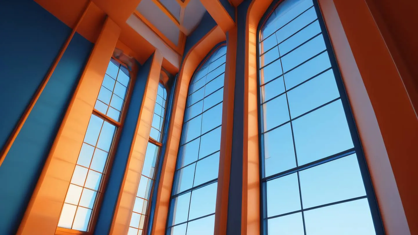 Smooth flowing light rays through geometric windows bright orange and blue color palette with soft transitions photographed from a slight low angle high-quality ultra-realistic cinematic 8K UHD high resolution sharp and detail