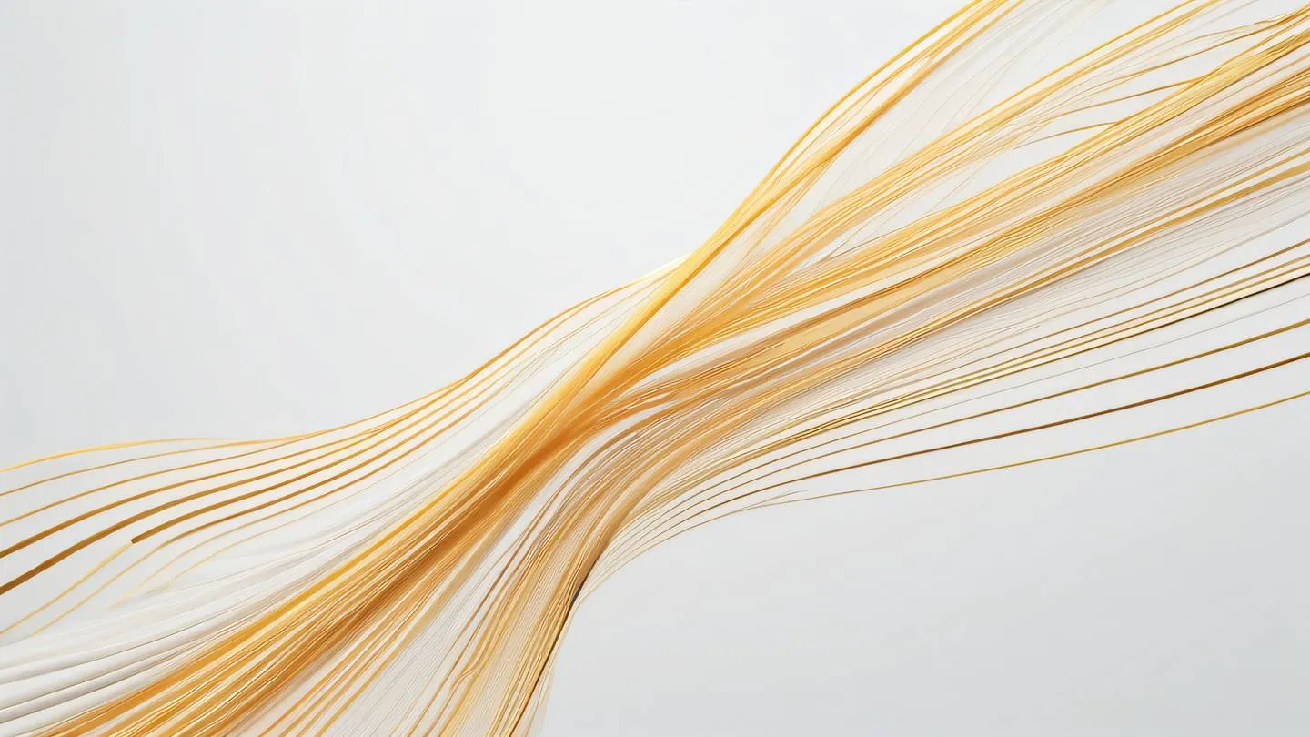 Abstract flowing lines representing data streams featuring gradients of amber and gold tones against a clean white background shot from top-down perspective depicting interconnected systems and workflow automation high-quality ultra-realistic cinematic 8K UHD high resolution sharp and detail