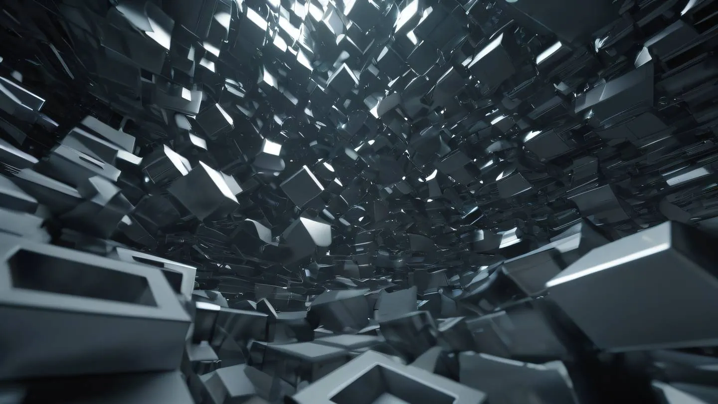 Minimal geometric shapes floating in space composed of zinc metallic surfaces reflecting light arranged in an organized chaos captured from a Dutch angle emphasizing depth and dimension high-quality ultra-realistic cinematic 8K UHD high resolution sharp and detail