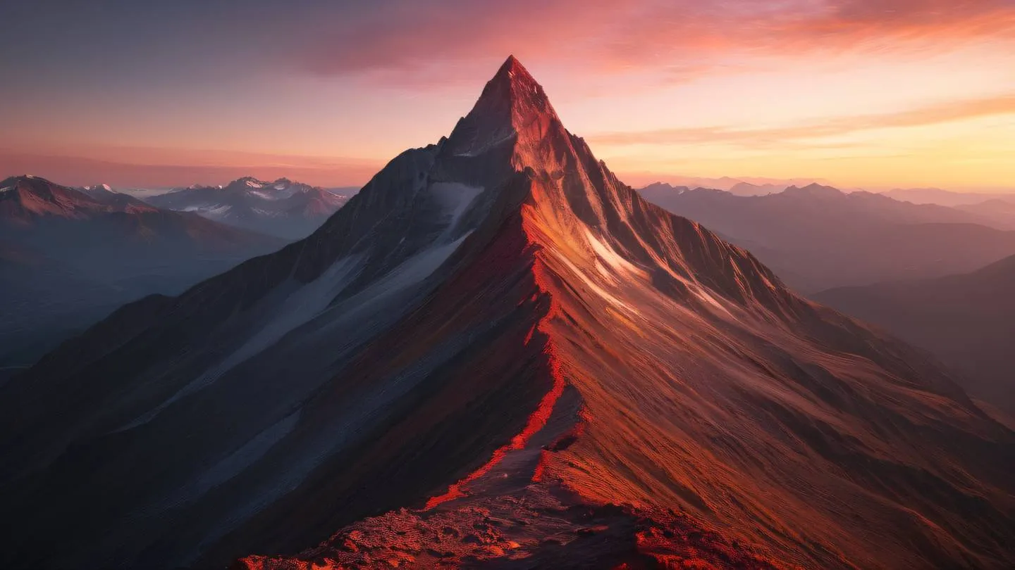 A majestic mountain peak at sunrise with geometric patterns overlaying the landscape featuring perfect red and ochre gradients in the sky ultra-realistic cinematic lighting 8K resolution sharp details dramatic low angle shot upwards towards the peak