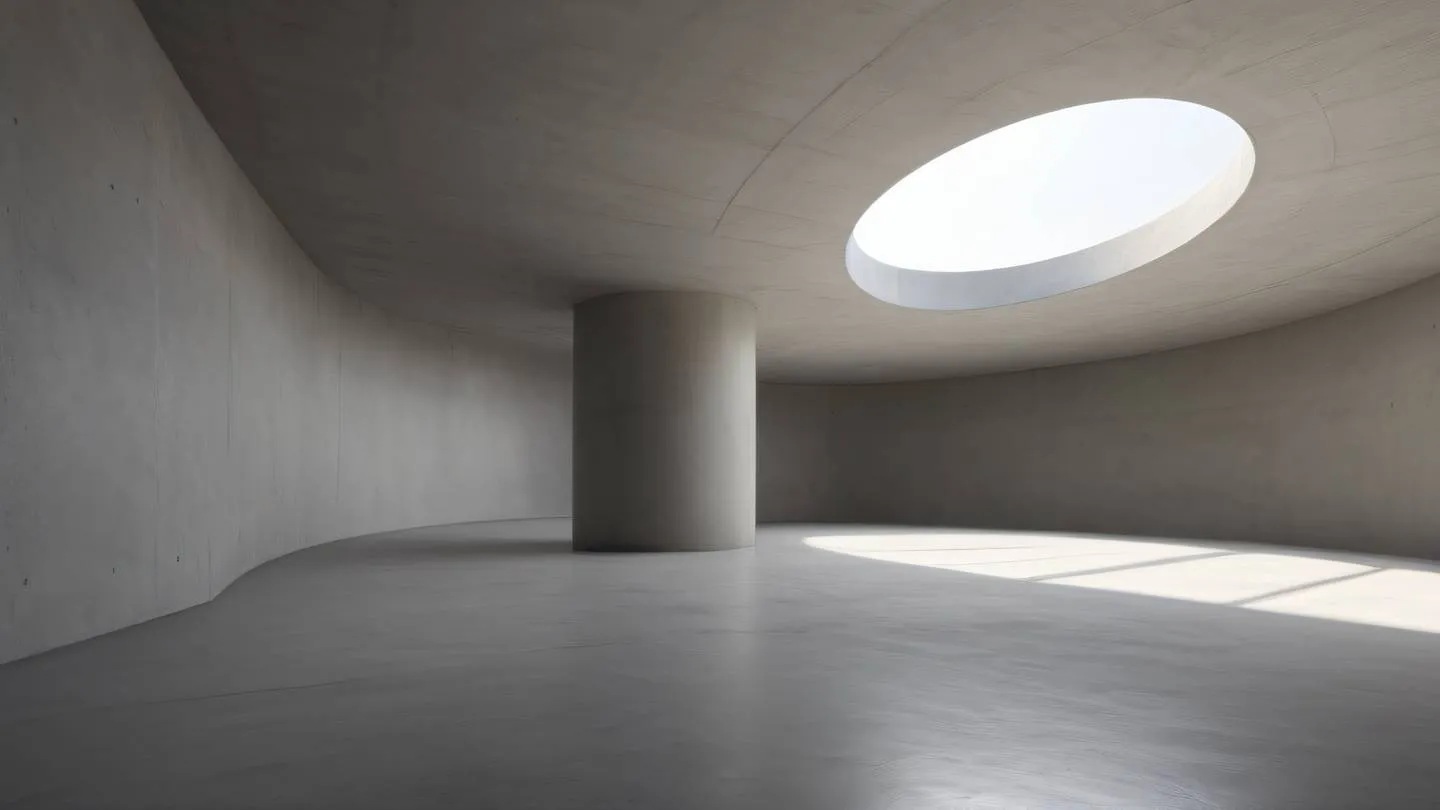 Minimalist concrete interior space with sweeping curves and shadows cool grapeseed and off-white color palette photographed from a diagonal perspective emphasizing depth high-quality ultra-realistic cinematic 8K UHD high resolution