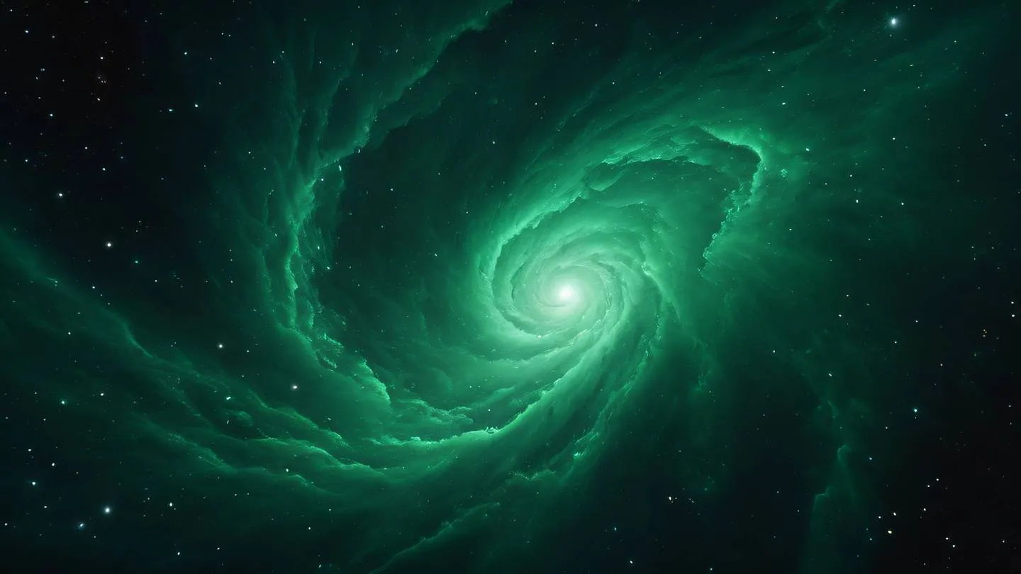 A cosmic nebula formation with swirling gas clouds and stellar dust dominated by bright emerald green and deep black colors captured from a wide-angle perspective high-quality ultra-realistic cinematic 8K UHD high resolution sharp and detail