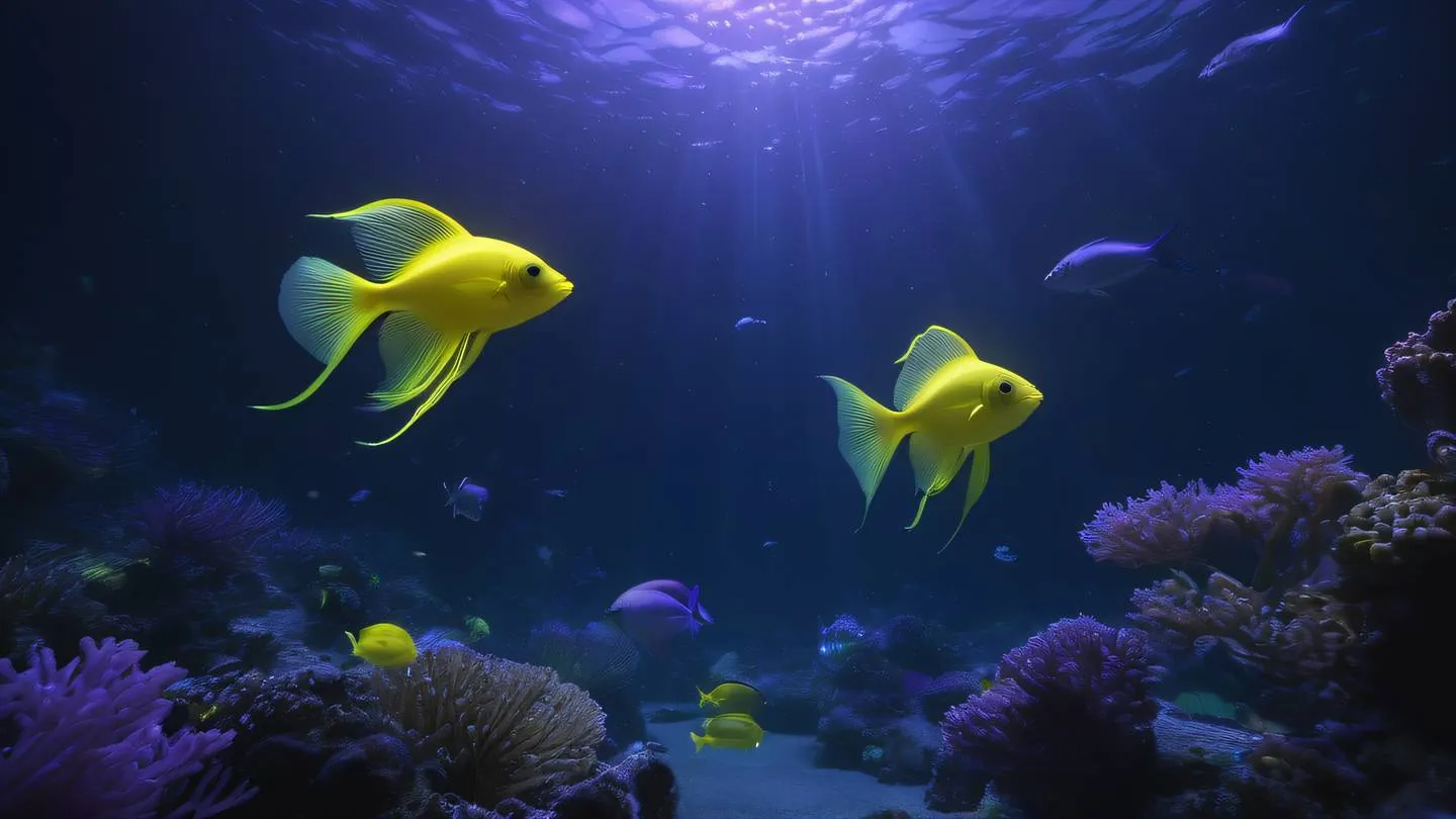 Underwater scene with bioluminescent deep-sea creatures emitting light featuring canary yellow light streams against a dark background with lilac gradient accents captured from an upward-angle perspective high-quality ultra-realistic cinematic 8K UHD high resolution sharp and detail