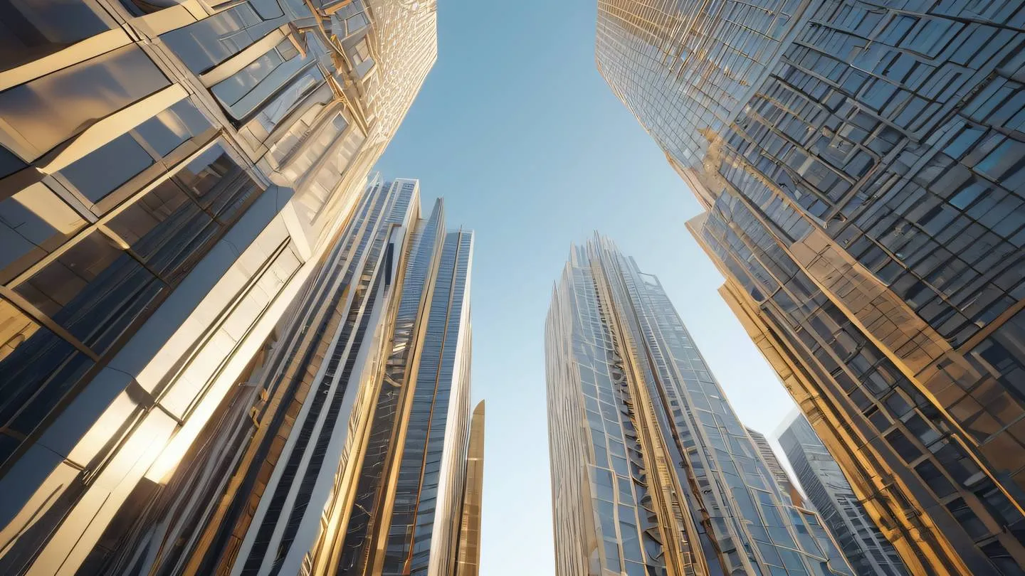 Modern cityscape with flowing geometric shapes and interconnected structures featuring luminous gold and white architectural elements against a clear sky shot from a low upward angle high-quality ultra-realistic cinematic 8K UHD high resolution sharp and detail