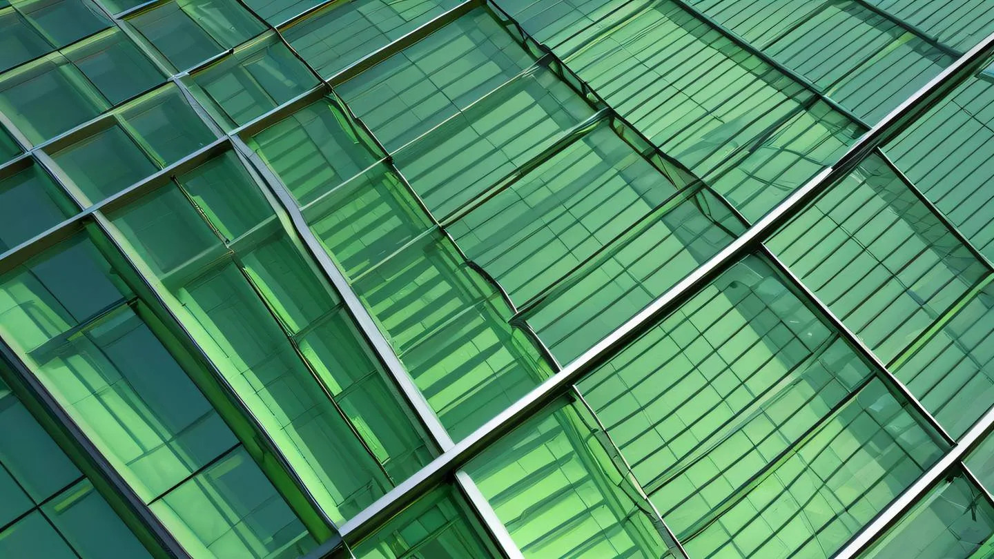 Abstract architectural structure with sweeping lime green glass panels and steel framework geometric patterns casting shadows photographed from a diagonal perspective high-quality ultra-realistic cinematic 8K UHD high resolution sharp and detail