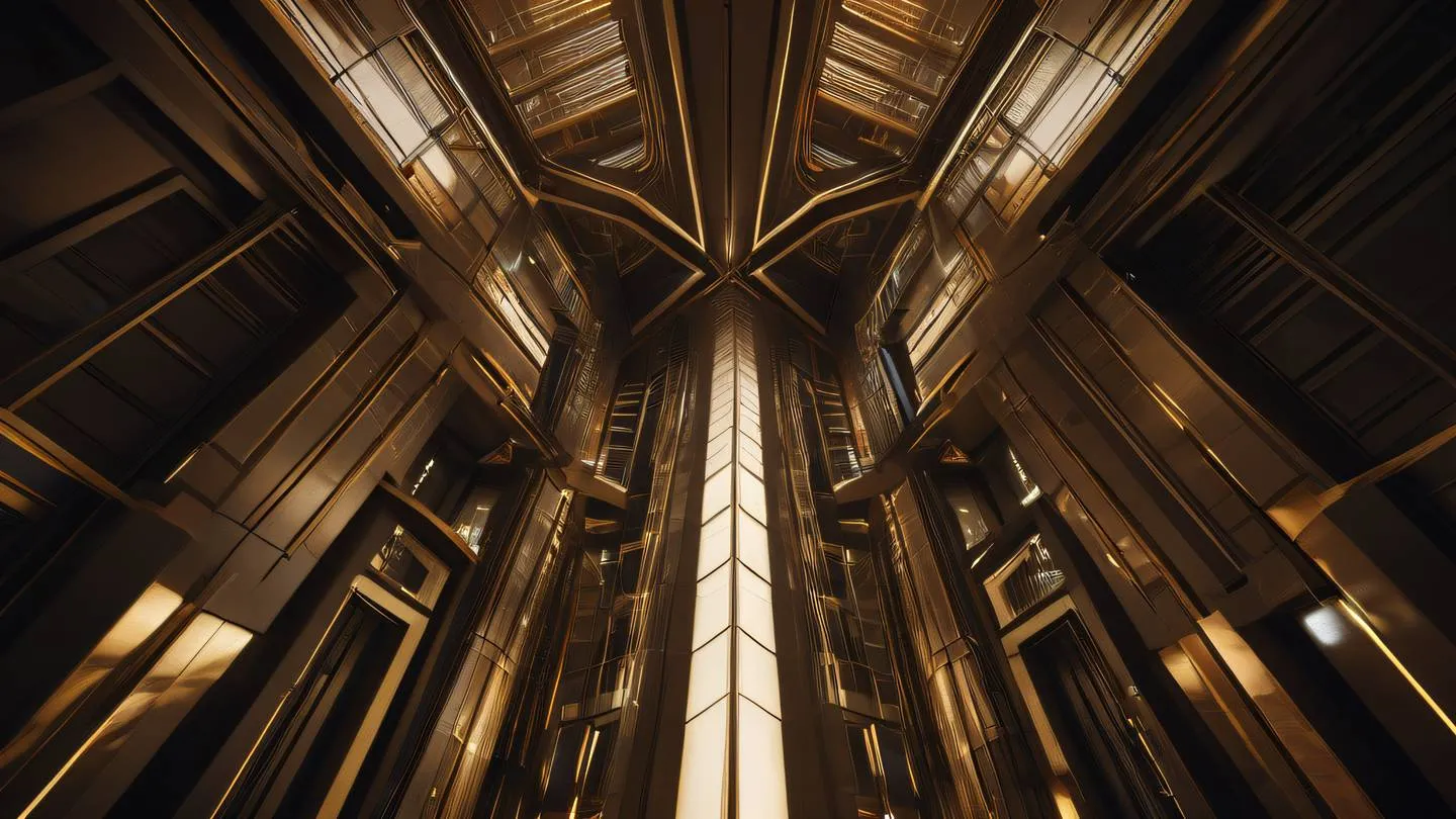 Futuristic architectural design with sleek metallic surfaces and bold geometric patterns in dark academia browns and golds dramatic lighting photographed from ground level looking up high-quality ultra-realistic cinematic 8K UHD high resolution sharp and detail