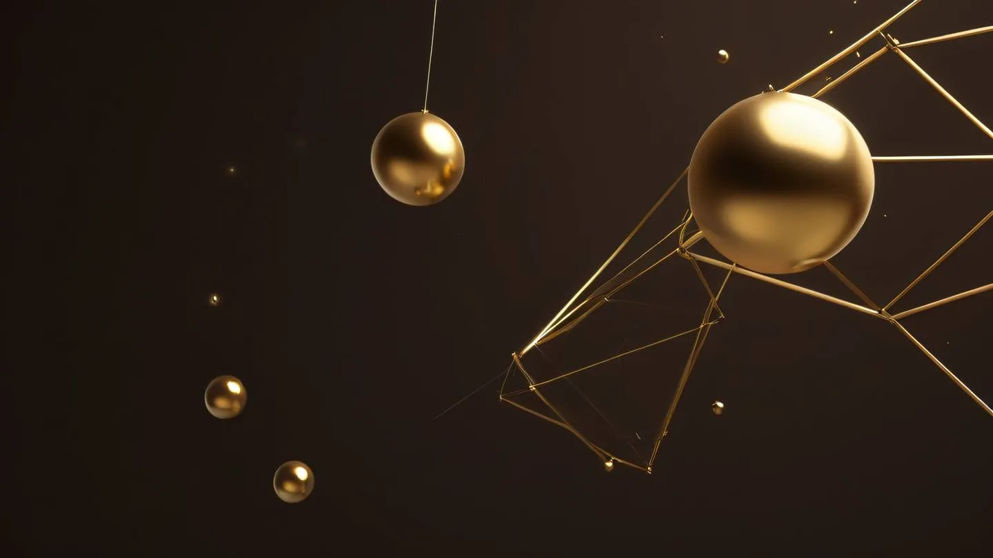 An abstract representation of interconnected geometric shapes floating in space featuring bright golden orbs connected by sleek lines against a deep walnut brown background shot from a low angle perspective looking up high-quality ultra-realistic cinematic 8K UHD high resolution sharp and detail