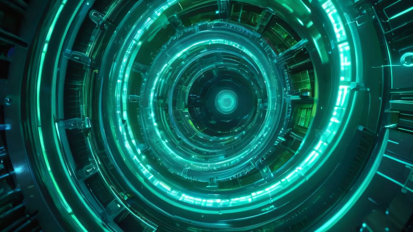 Abstract flowing energy streams in bright neon blues and greens swirling through mechanical gears and circuits captured from a birds-eye view perspective high-quality ultra-realistic cinematic 8K UHD high resolution sharp and detail