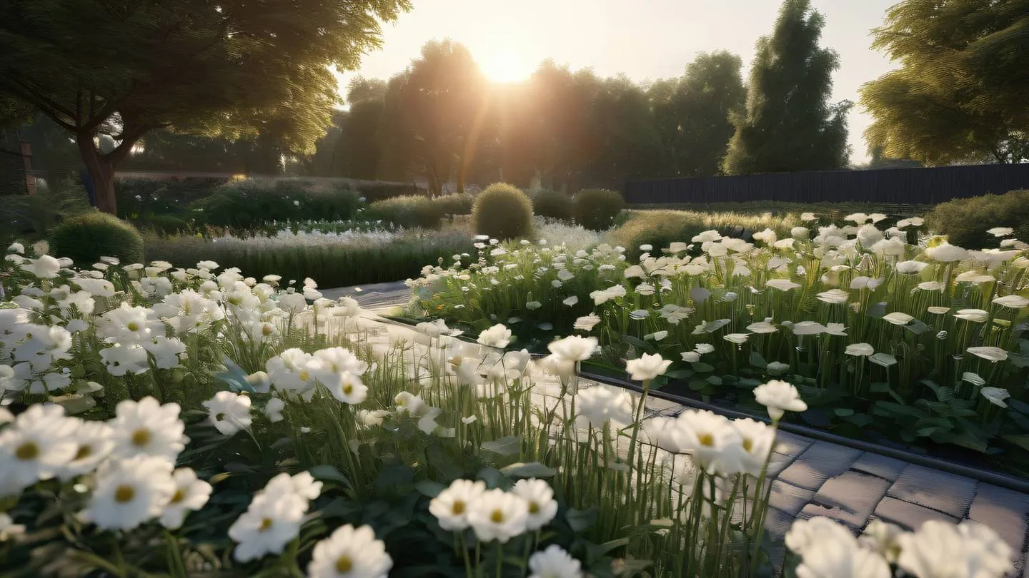 A serene white flower garden with scattered geometric patterns overlay bathed in warm sunset lighting with iron grey accents photographed from a dutch angle perspective high-quality ultra-realistic cinematic 8K UHD high resolution sharp and detail