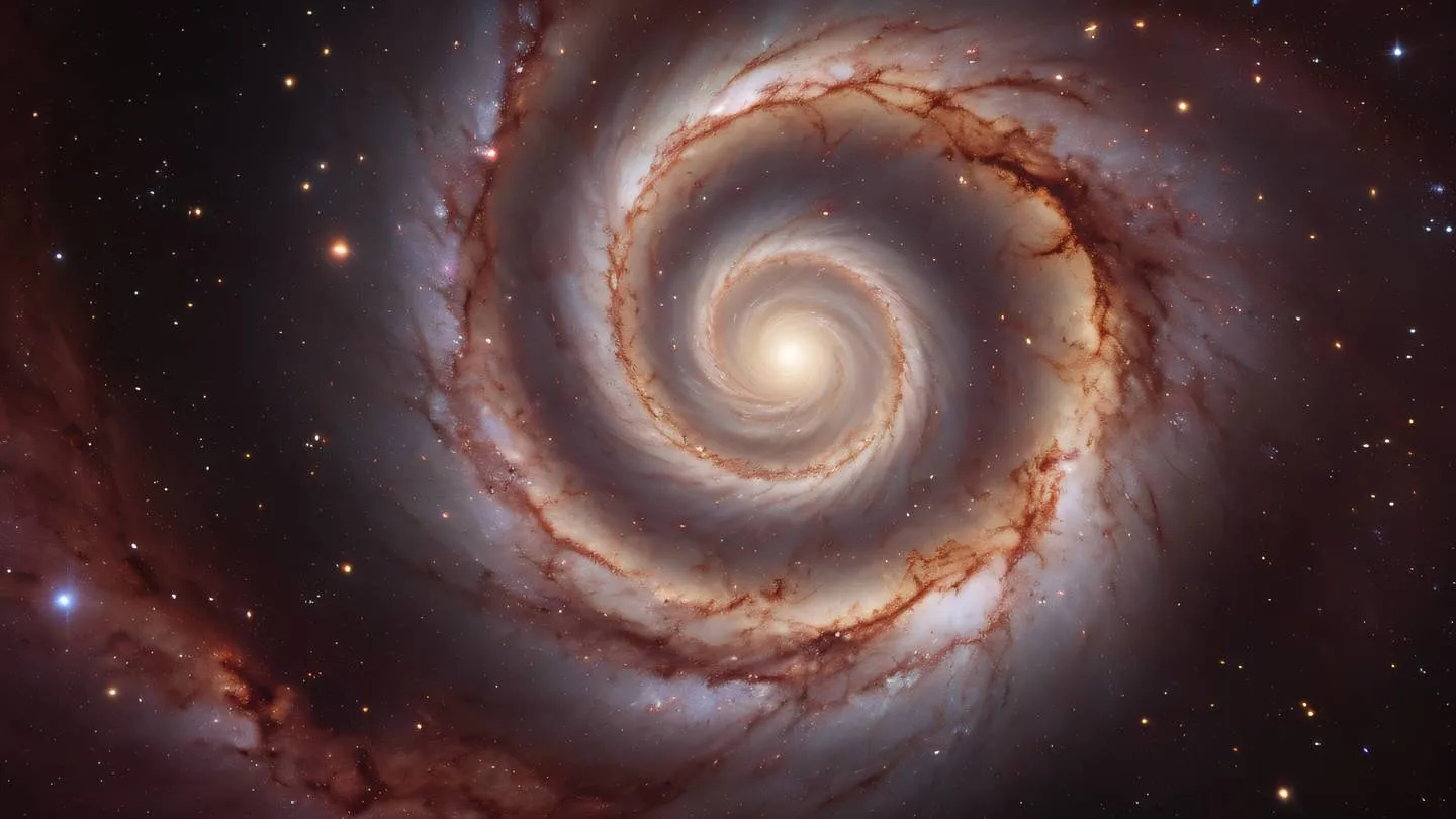 An ethereal cosmic scene with spiral galaxies and nebulae in bright cream and rich mahogany colors featuring geometric patterns and celestial bodies captured from a dramatic upward angle high-quality ultra-realistic cinematic 8K UHD high resolution sharp and detail