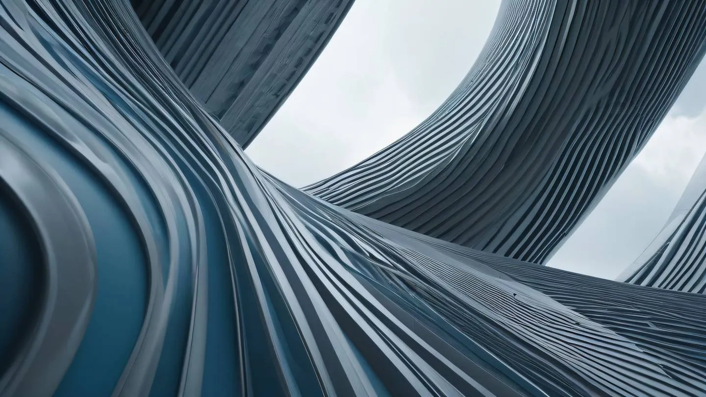 A modern abstract architectural structure with flowing curves and geometric patterns featuring metallic silver and stone blue tones shot from a low angle perspective looking upward high-quality ultra-realistic cinematic 8K UHD high resolution sharp and detail