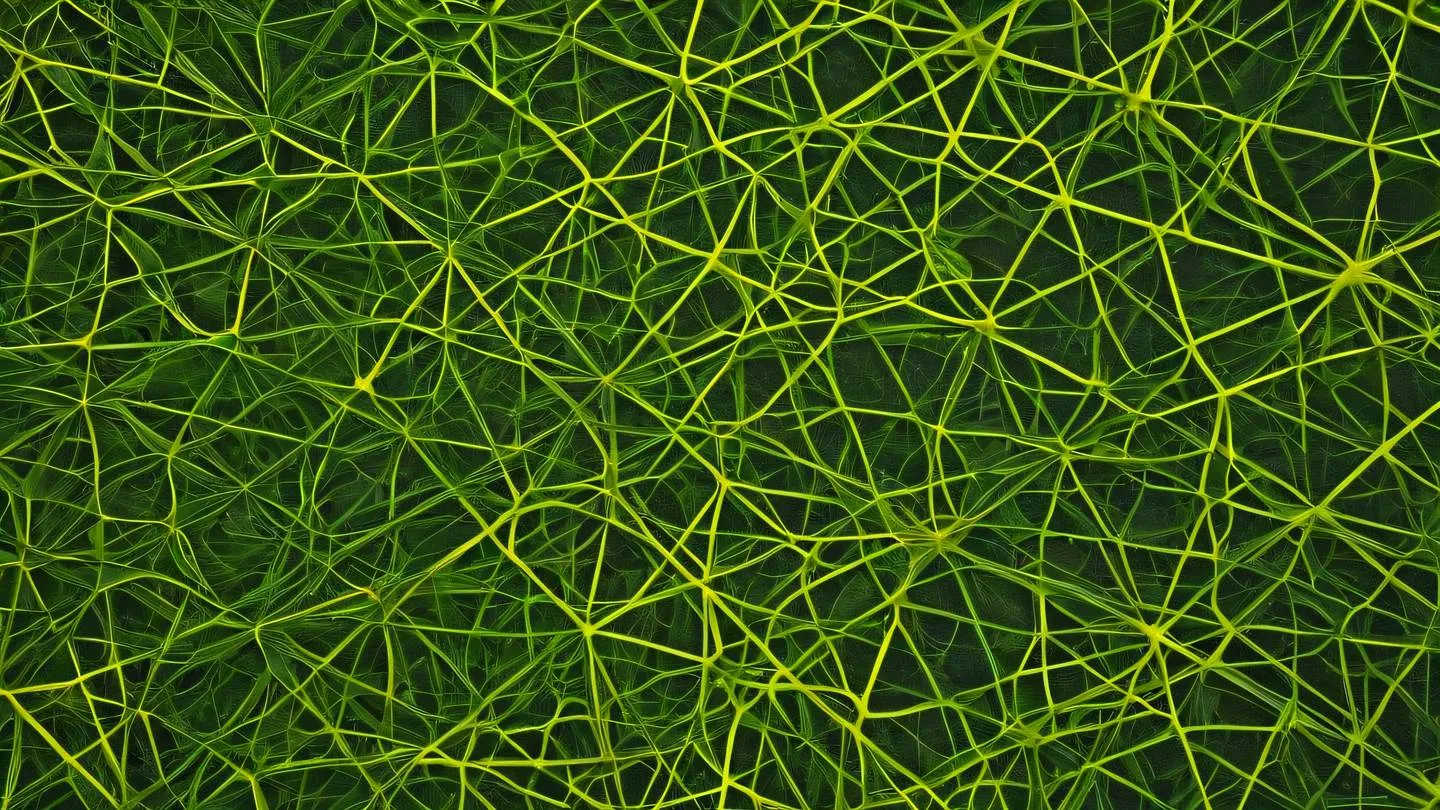 An abstract geometric pattern of interconnected nodes and lines featuring seaweed green and canary yellow gradient captured from a top-down bird's eye view high-quality ultra-realistic cinematic 8K UHD high resolution sharp and detail