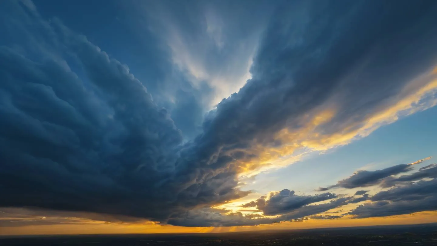 Abstract cloud formations during sunset with dramatic lighting featuring stone blue and canary yellow colors swirling together shot from a straight-on perspective with wide angle lens high-quality ultra-realistic cinematic 8K UHD high resolution sharp and detail