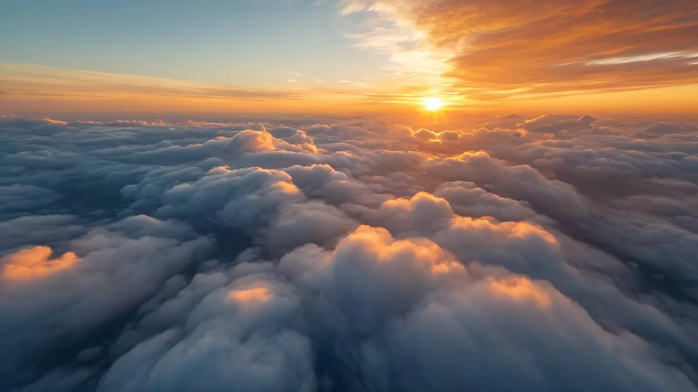 Aerial view of a vast cloud formation during golden hour capturing dynamic swirls and patterns from above warm orange and golden colors with hints of blue shot from top-down perspective with wide-angle lens high-quality ultra-realistic cinematic 8K UHD high resolution sharp and detail