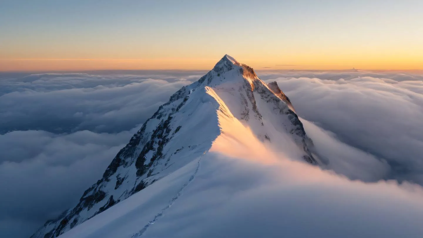 Mountain peak piercing through a sea of clouds at sunrise brilliant whites and golden yellows reflecting off snow-capped summit captured from slightly below angle with telephoto lens high-quality ultra-realistic cinematic 8K UHD high resolution sharp and detail