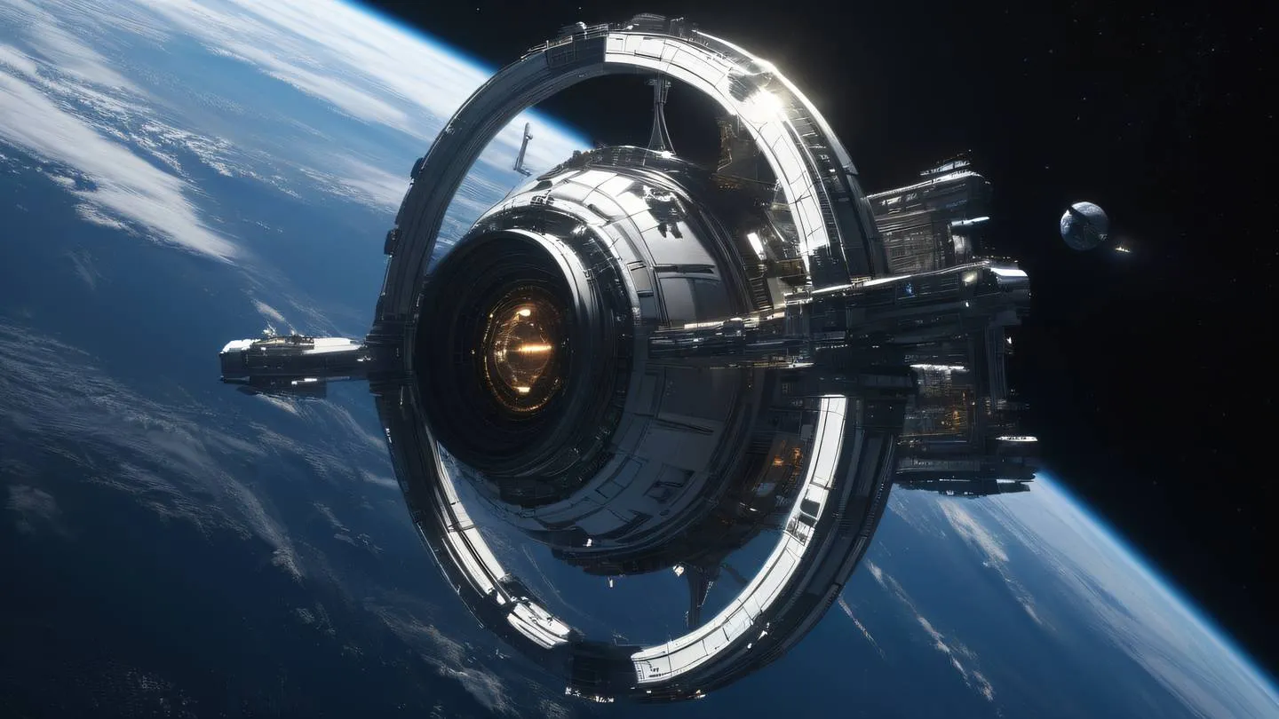 Futuristic space station orbiting Earth sleek metallic structures with bright white and chrome reflections against the dark void of space dramatic lighting from distant sun captured from low angle perspective with wide-angle lens high-quality ultra-realistic cinematic 8K UHD high resolution sharp and detail