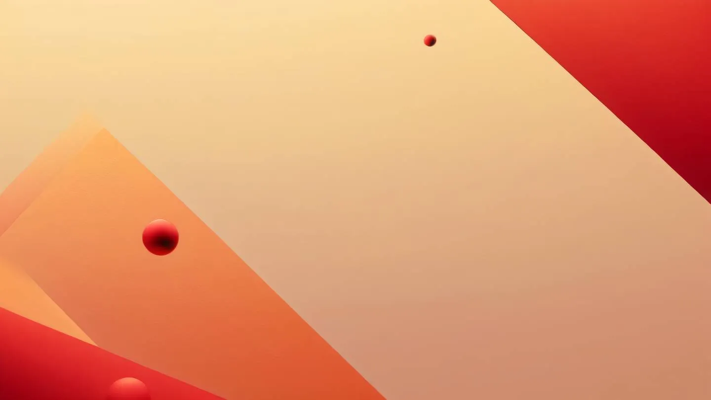 A minimalist geometric composition featuring floating geometric shapes and lines against a gradient background dominant colors: bright red and ochre shot from a low angle perspective high-quality ultra-realistic cinematic 8K UHD high resolution sharp and detail