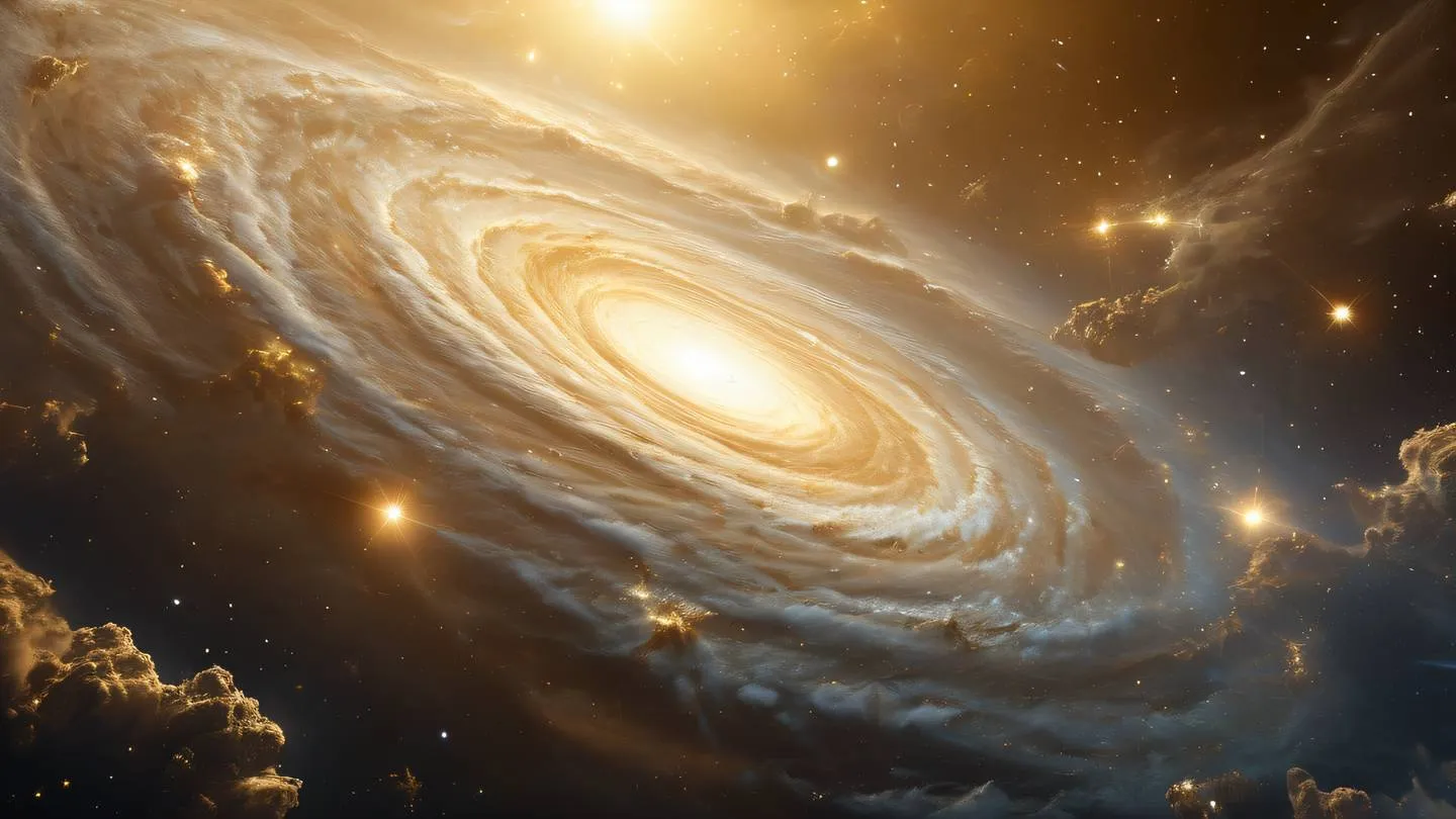 Abstract space scene with swirling cosmic clouds and star clusters dominant colors: bright gold and off-white captured from a bird's eye view perspective high-quality ultra-realistic cinematic 8K UHD high resolution sharp and detail