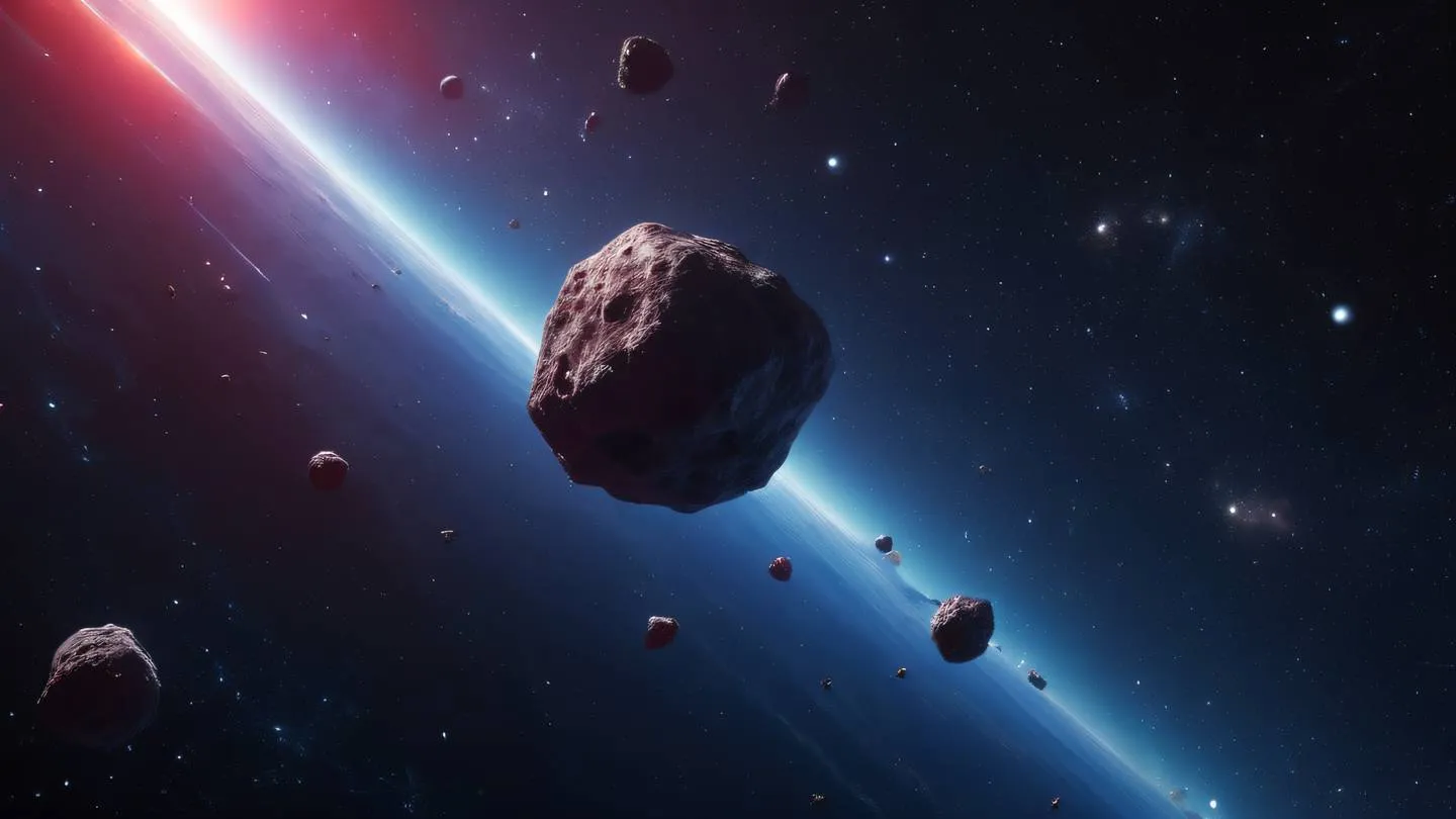 Abstract cosmic scene with geometric asteroid shapes floating in space dominant colors: grapeseed and bright red captured from a dramatic diagonal angle high-quality ultra-realistic cinematic 8K UHD high resolution sharp and detail