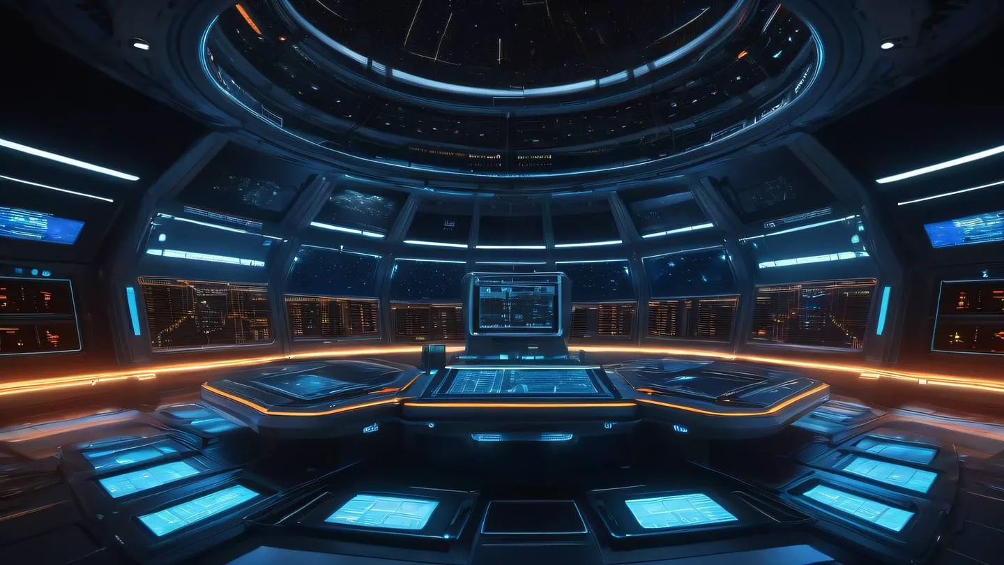 A futuristic space station control center floating in deep space with glowing holographic displays showing constellations and star maps vibrant orange and electric blue energy streams flowing through transparent tubes ultra-realistic cinematic 8K UHD high resolution sharp and detail