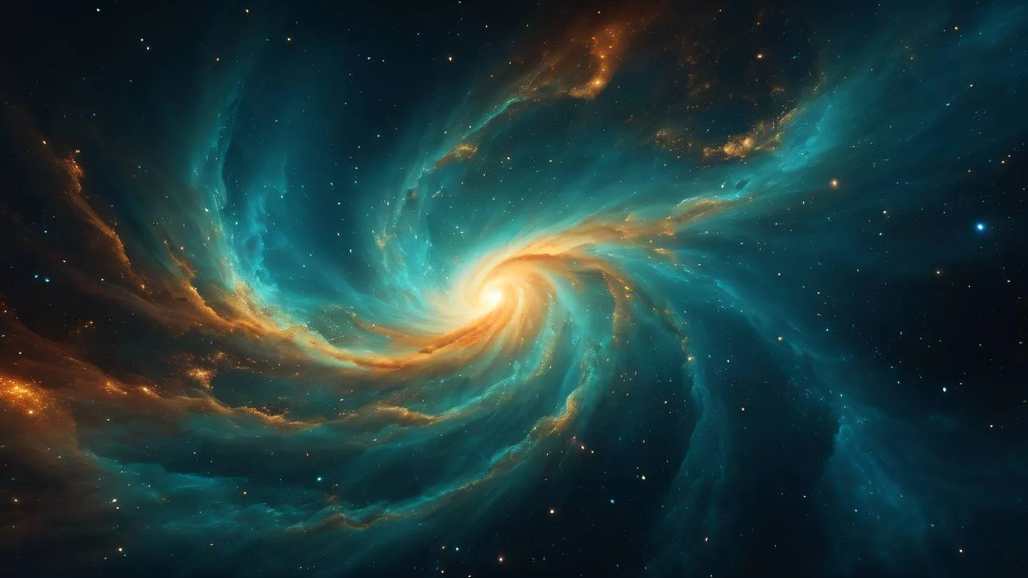 Abstract cosmic nebula with swirling patterns of bright teal and golden orange energies celestial dust particles scattered across a deep navy background ethereal wisps of light creating a dreamy atmosphere high-quality ultra-realistic cinematic 8K UHD high resolution sharp and detail