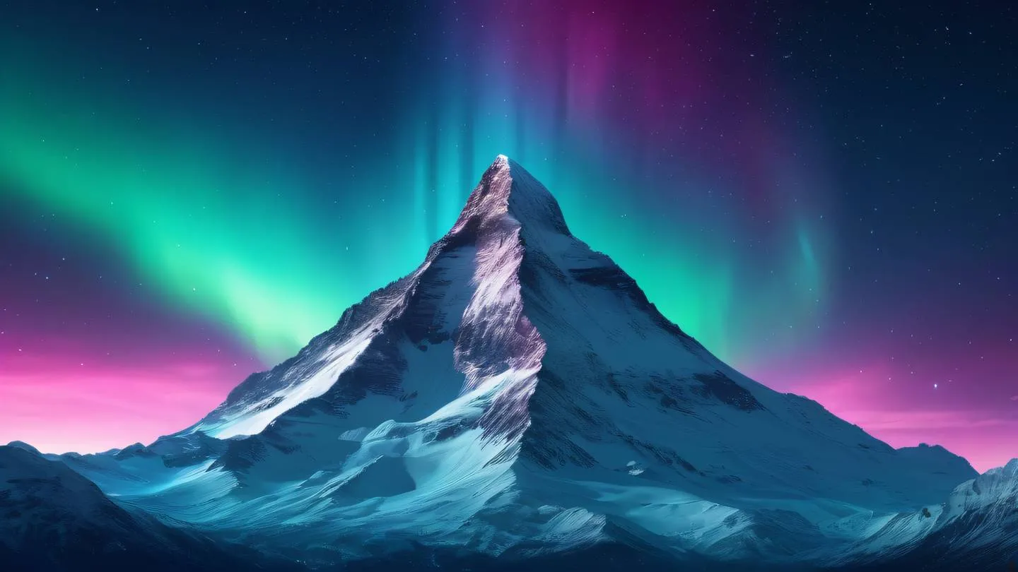 A majestic snow-capped mountain peak floating in space surrounded by bright aurora borealis in vibrant cyan and magenta colors stars twinkling in the background high-quality ultra-realistic cinematic 8K UHD high resolution sharp and detail