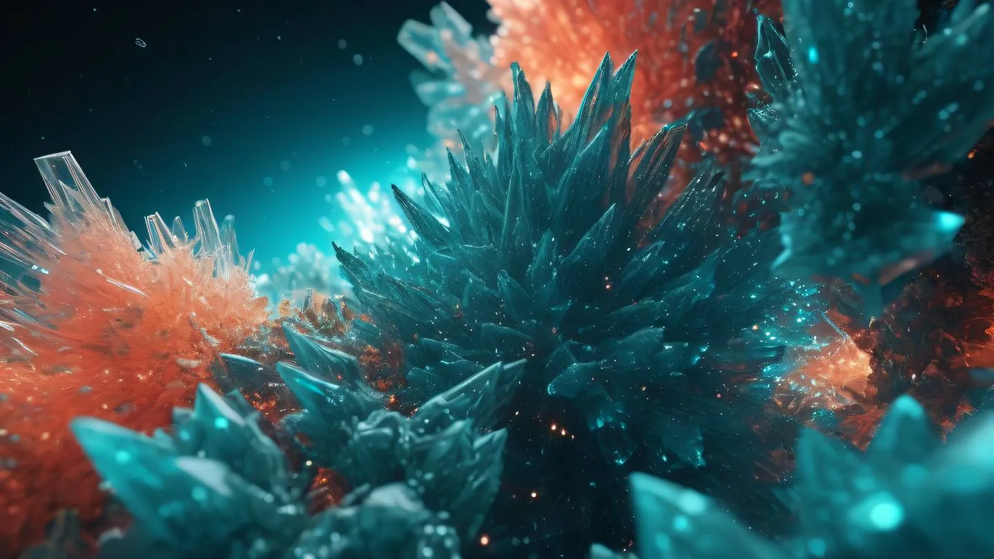 A geometric abstract composition of interconnected crystalline structures floating in space with bright coral and turquoise colors illuminating the edges particles of light dancing around the shapes high-quality ultra-realistic cinematic 8K UHD high resolution sharp and detail