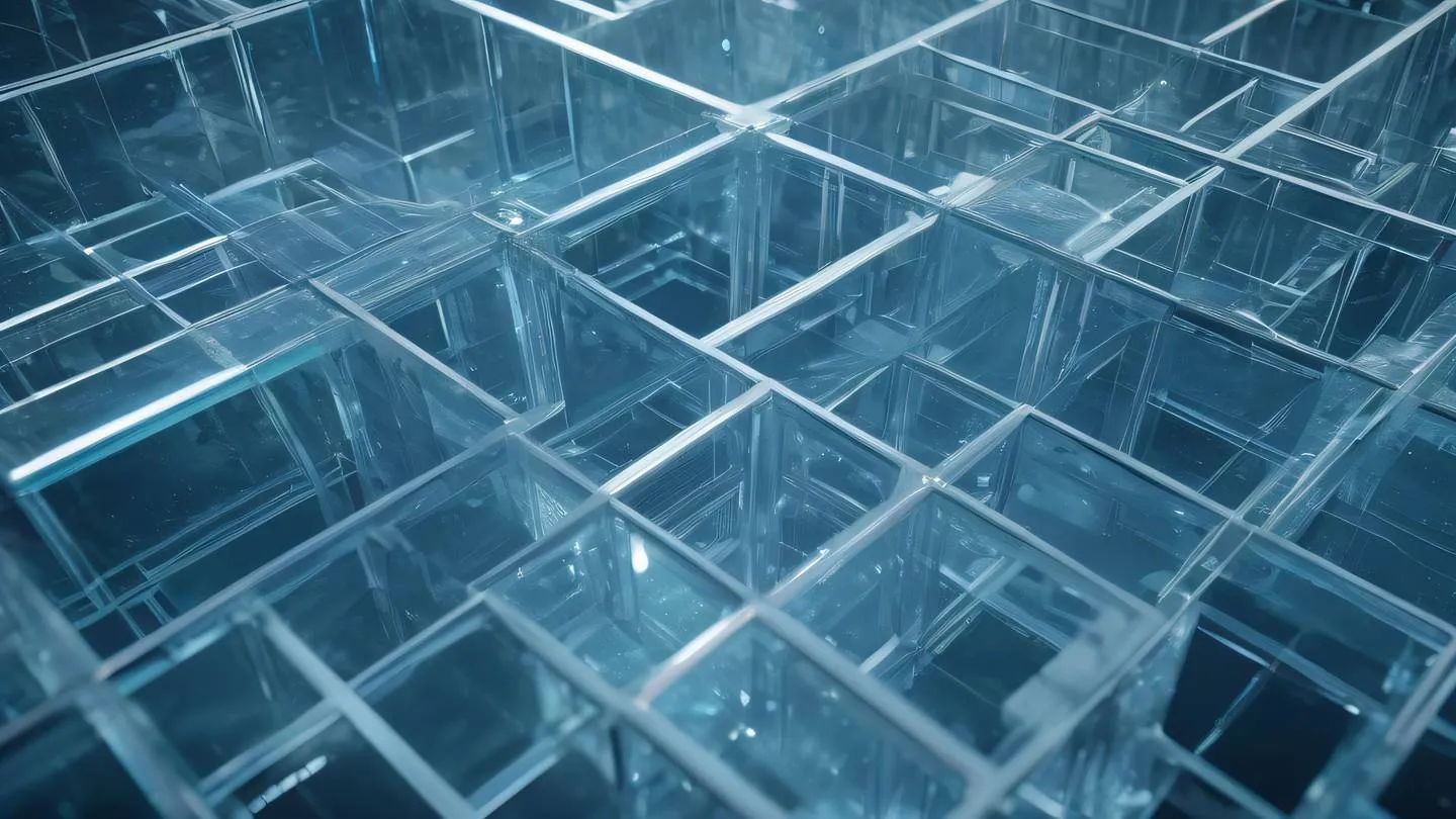 A minimalist geometric path through a crystal maze featuring interconnected translucent crystal structures dominant light blue and silver colors sharp crystalline formations representing routes aerial view perspective high-quality ultra-realistic cinematic 8K UHD high resolution sharp and detail