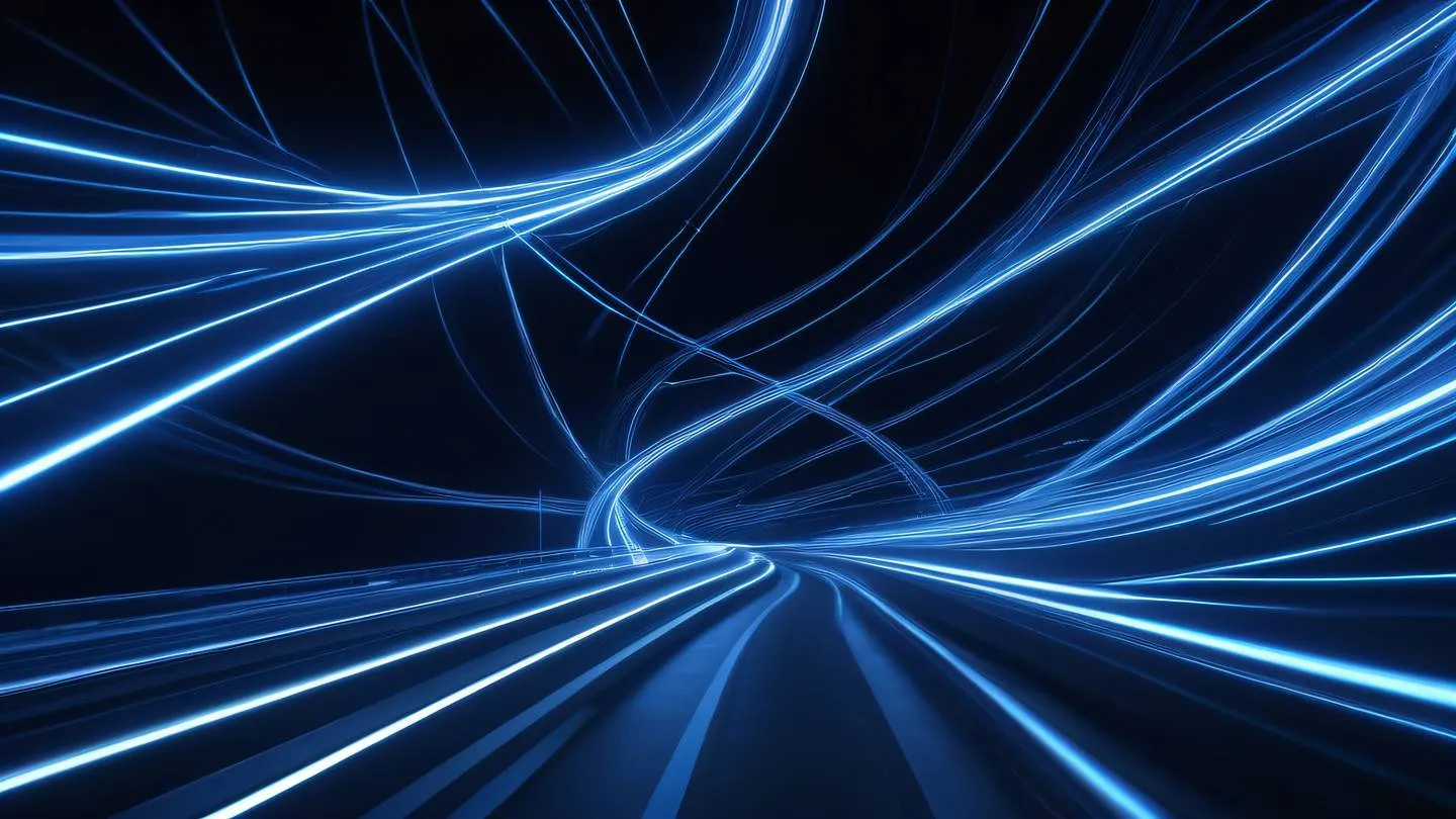 Abstract flowing pathways made of light trails against a dark background featuring bright cobalt blue and silver streaks forming interconnected network patterns low angle shot looking upward high-quality ultra-realistic cinematic 8K UHD high resolution sharp and detail