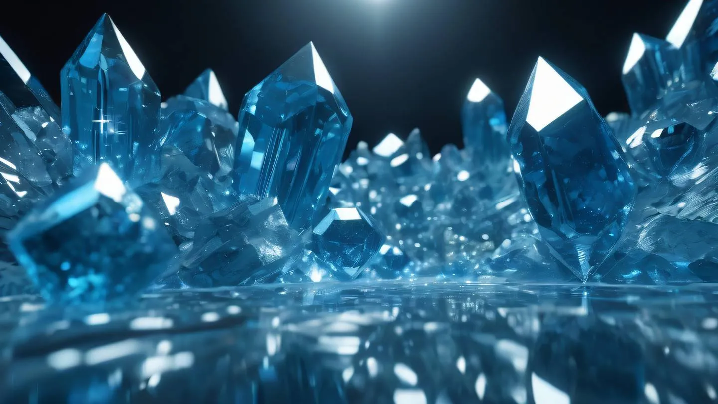 A futuristic crystal landscape with floating geometric shapes featuring bright blue and silver crystals casting light reflections dominant bright colors shot from ground level perspective looking up at floating elements high-quality ultra-realistic cinematic 8K UHD high resolution sharp and detail