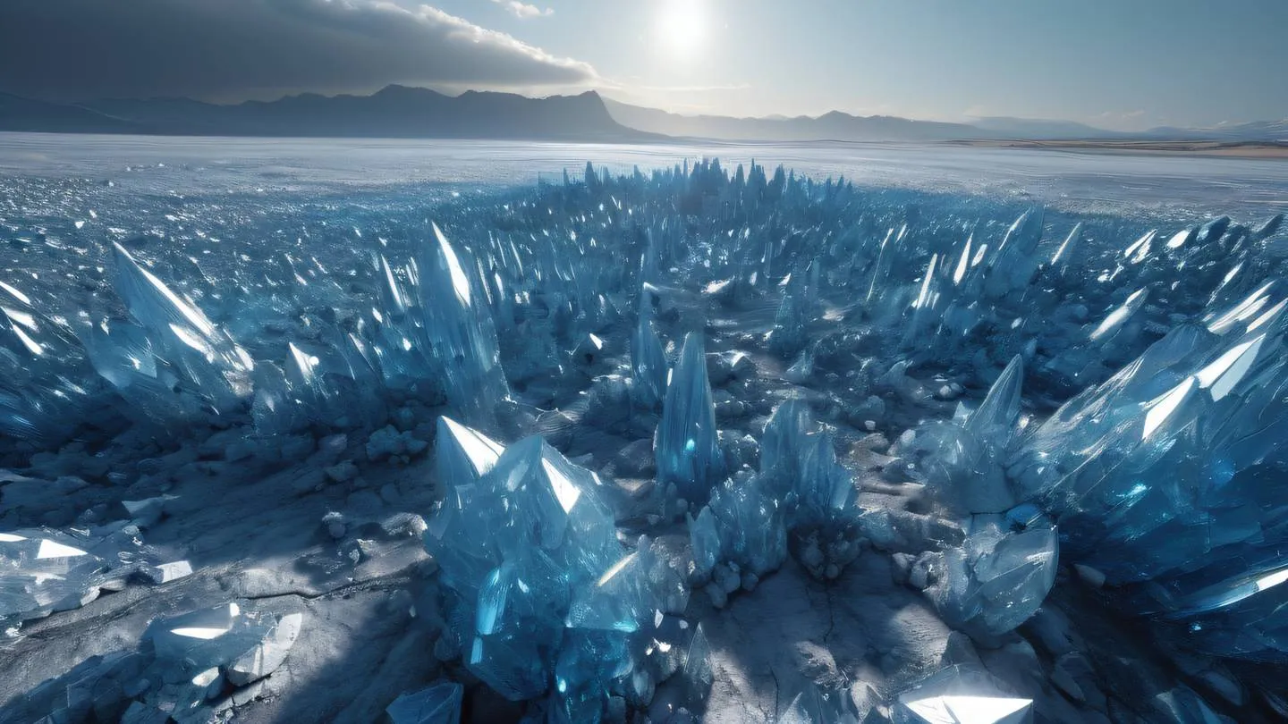 A vast landscape of interconnected geometric crystal formations stretching to horizon featuring metallic silver and bright blue crystal structures catching light panoramic view from elevated perspective high-quality ultra-realistic cinematic 8K UHD high resolution sharp and detail