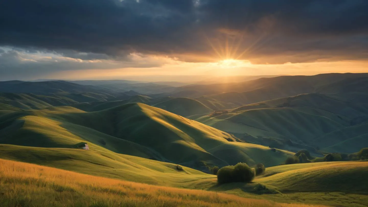 A dramatic landscape of rolling hills at sunset with rays of golden light filtering through clouds creating a natural gradient of warm oranges and cool blues in the sky high-quality ultra-realistic cinematic 8K UHD high resolution sharp and detail