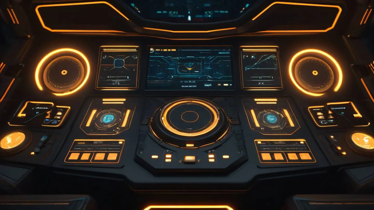 A futuristic spaceship control panel interface with glowing holographic elements and displays featuring sleek geometric patterns in gold and orange hues ultra-realistic cinematic 8K high resolution sharp and detailed