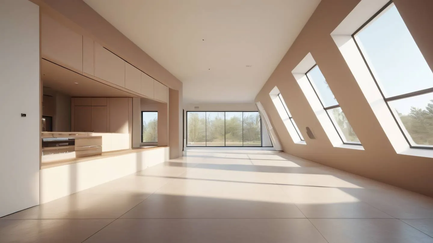 Modern minimalist interior space with clean lines and geometric shapes featuring warm clay and white tones natural light streaming through large windows captured from a wide-angle perspective high-quality ultra-realistic cinematic 8K UHD high resolution sharp and detail