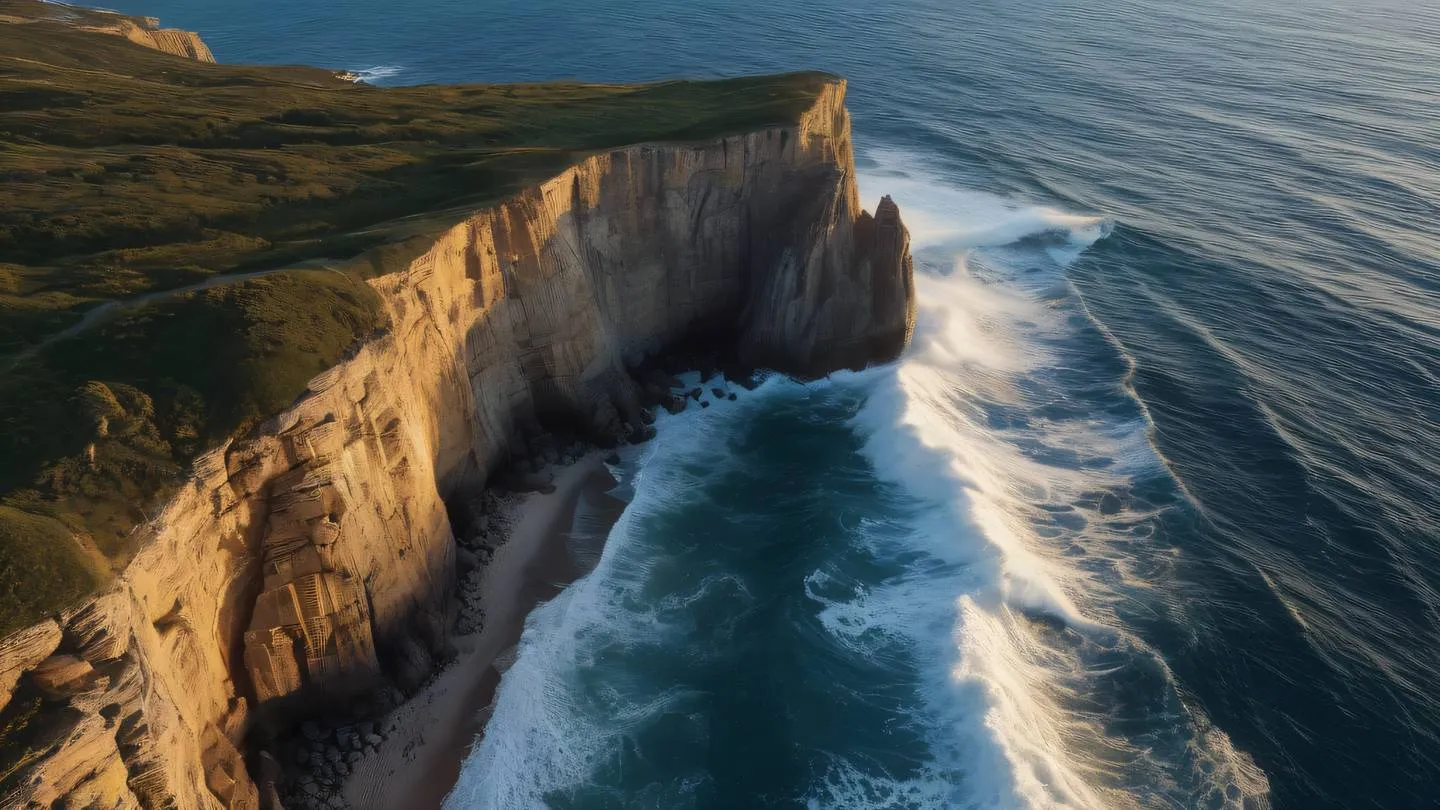 Rocky coastal landscape with dramatic cliffs meeting the ocean dominated by navy blue water and white foam waves captured during golden hour from a dramatic elevated angle high-quality ultra-realistic cinematic 8K UHD high resolution sharp and detail