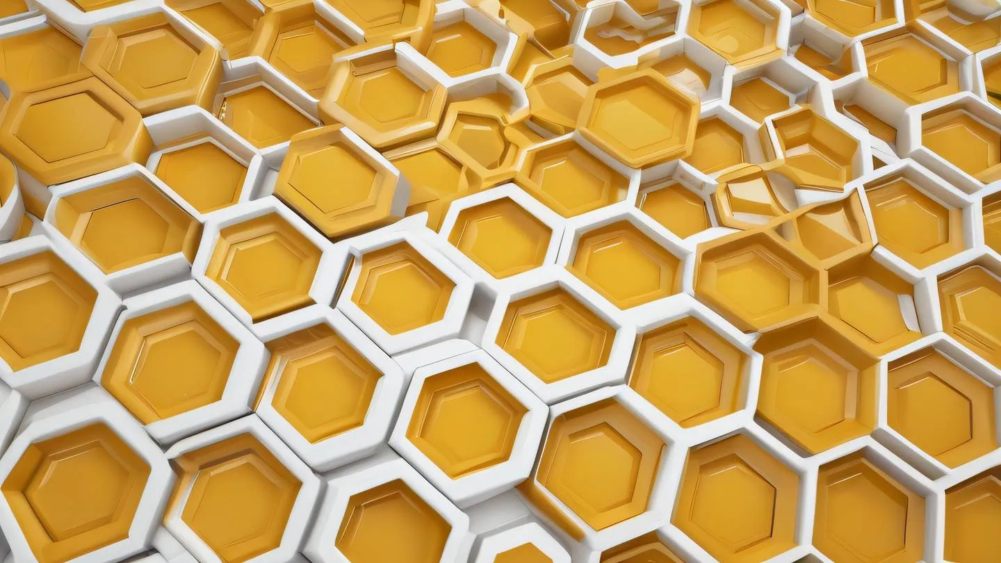 Abstract geometric composition featuring interconnected hexagonal shapes and flowing lines rendered in butterscotch yellow and white sharp contrast viewed from top-down perspective high-quality ultra-realistic cinematic 8K UHD high resolution sharp and detail