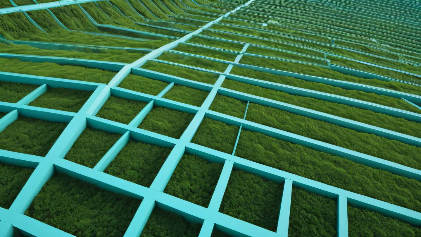 Minimalist architectural structure with clean lines and geometric patterns rendered in Turquoise blue and fresh moss photographed from a 45-degree angle high-quality ultra-realistic cinematic 8K UHD high resolution sharp and detail